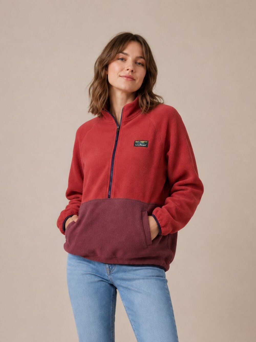 L.L. Bean Women’s Two-Tone Red and Burgundy Half-Zip Fleece Pullover